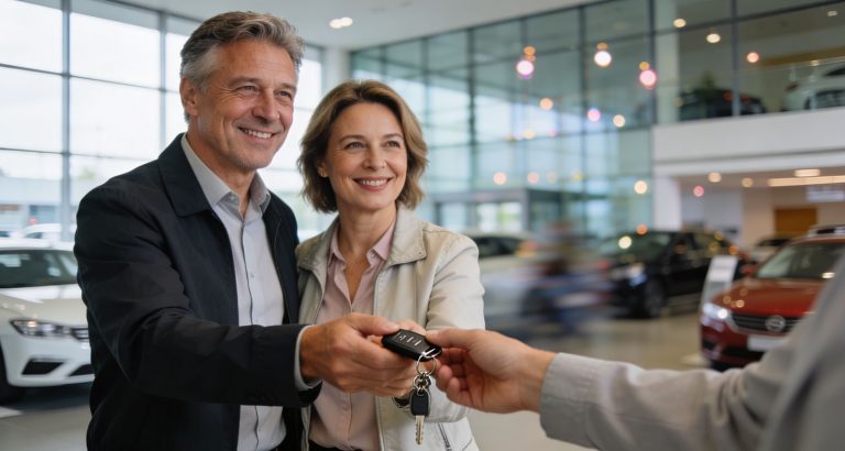 Paar im Autohaus bei Schlüsselübergabe